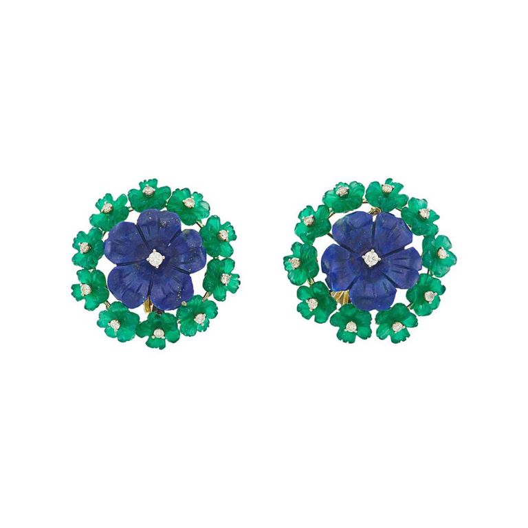 18k gold carved lapis, green agate and diamond flower earclips