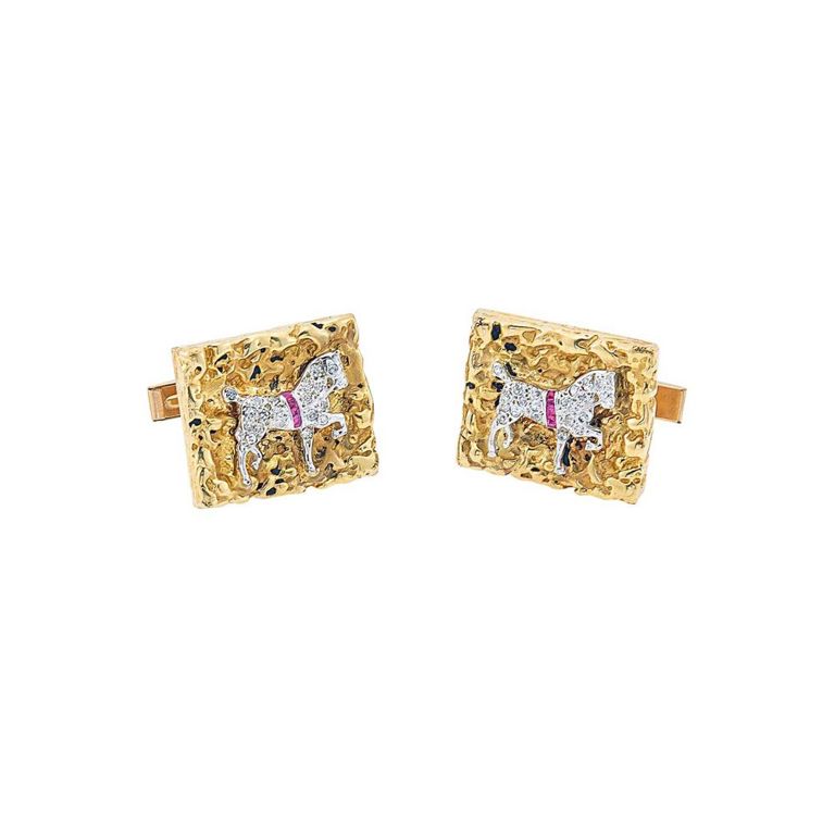 14k gold, platinum, synthetic ruby and diamond horse cufflinks