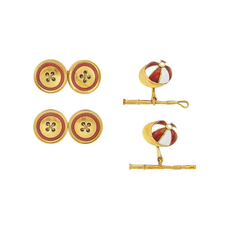 Gucci 18k gold and enamel button and jockey cap cufflinks