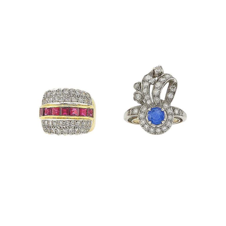 Platinum sapphire and diamond ring and 18k gold ruby and diamond ring