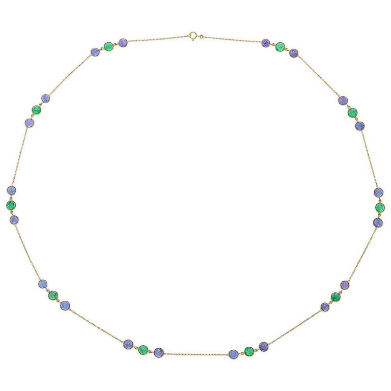 18k gold tanzanite and emerald chain necklace