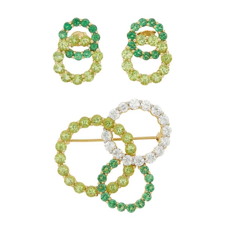 14k gold green garnet, peridot and white topaz brooch and earrings