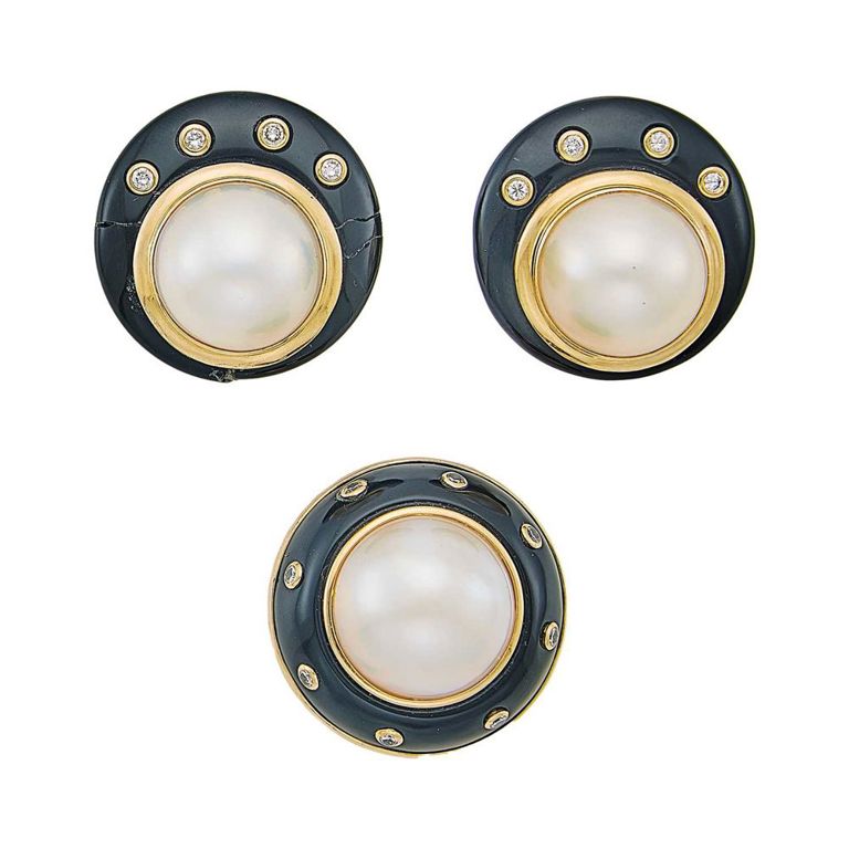 14k gold black onyx, mabé pearl and diamond earclips and brooch