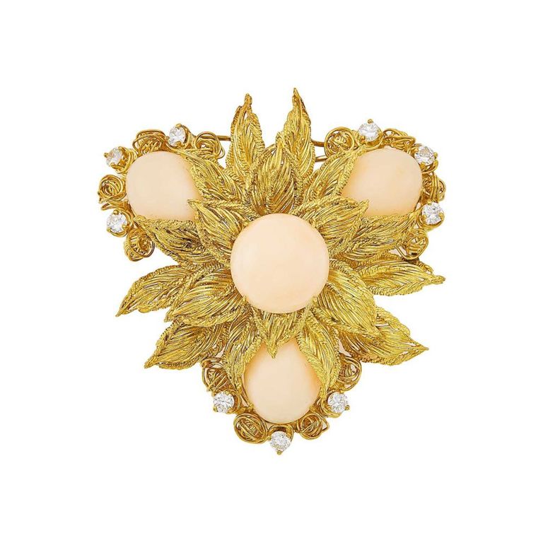 18k gold, angel skin coral and diamond pendant-brooch