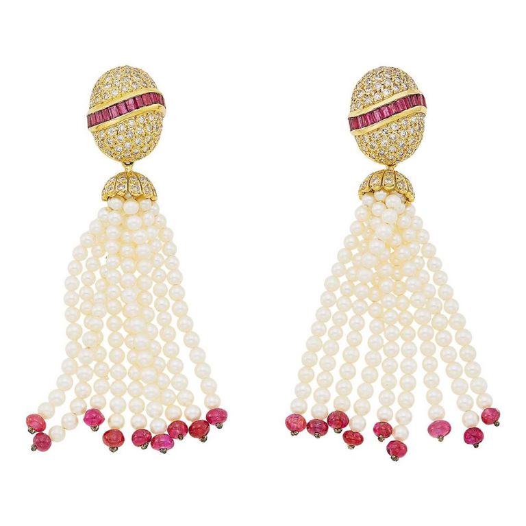 18k gold cultured pearl, ruby and diamond fringe pendant earrings