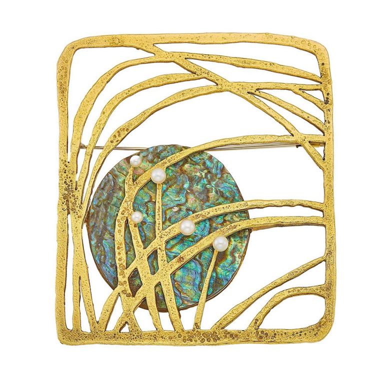 Gubelin 18k gold, abalone shell and cultured pearl brooch
