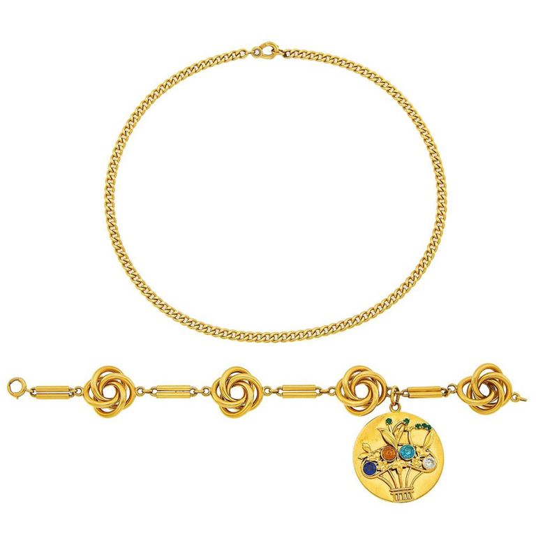 14k gold colored stone charm bracelet and chain link necklace