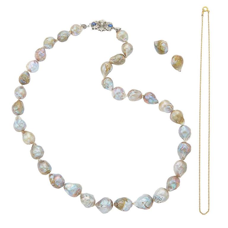 White gold sapphire and diamond clasp necklace with pearls and gold chain