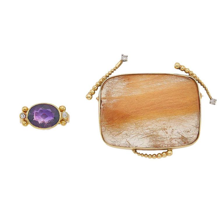 14k gold rutilated quartz brooch and 18k gold amethyst ring