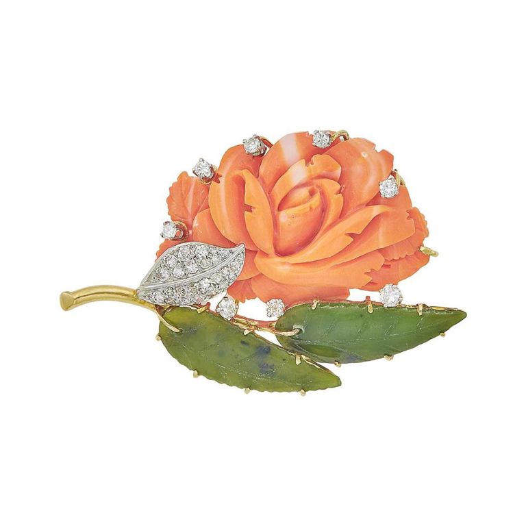 14k gold, carved coral, nephrite and diamond rose brooch