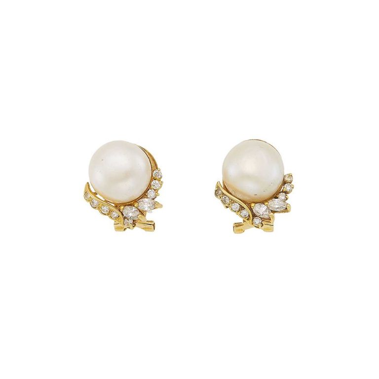 18k gold freshwater pearl and diamond earclips