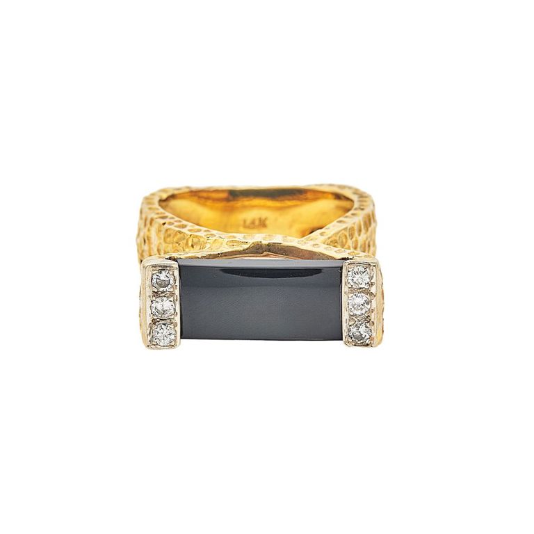 14k hammered gold, black onyx and diamond ring