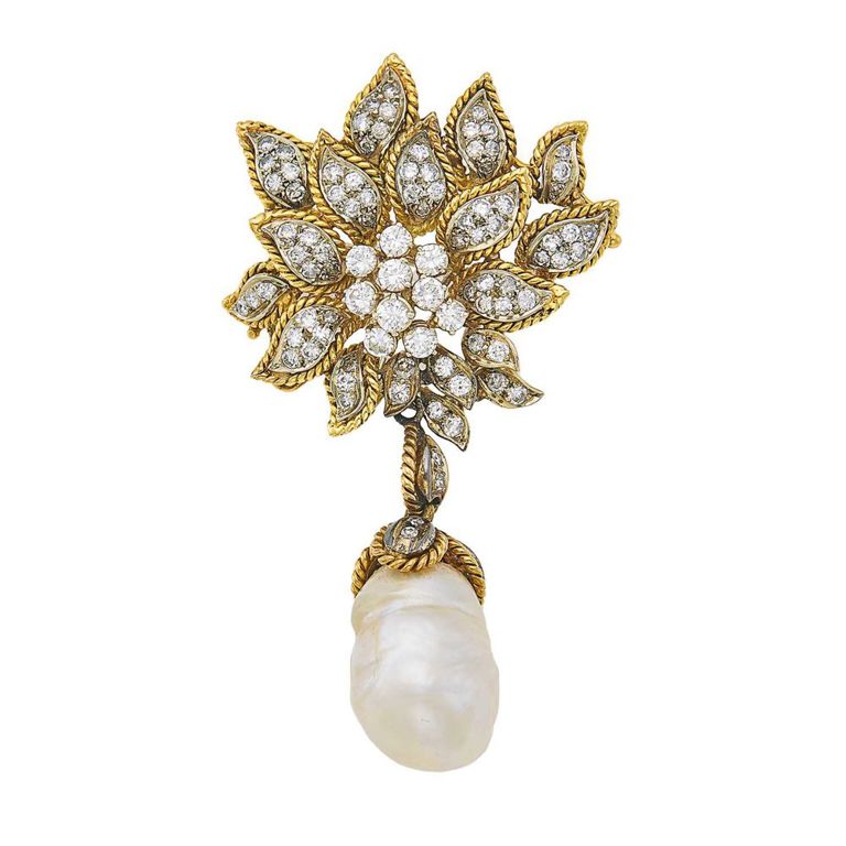 14k two-color gold, diamond and baroque cultured pearl pendant-brooch