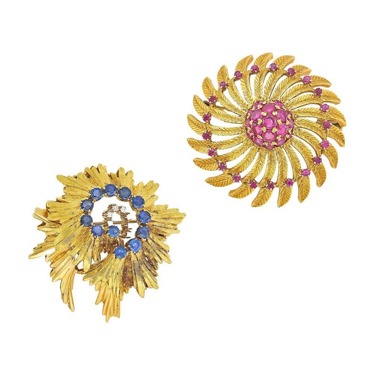 18k gold, sapphire and diamond brooch and ruby brooch