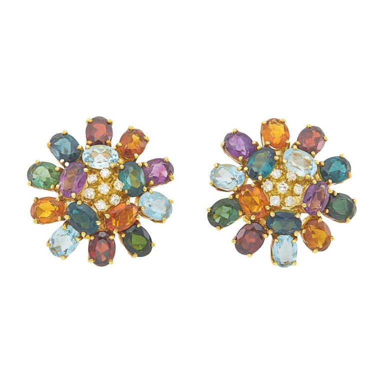 18k gold, colored stone and diamond earclips