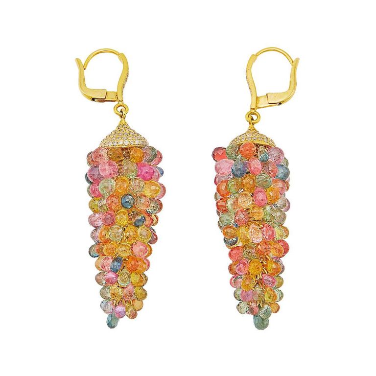 18k gold, multicolored sapphire and diamond pendant earrings