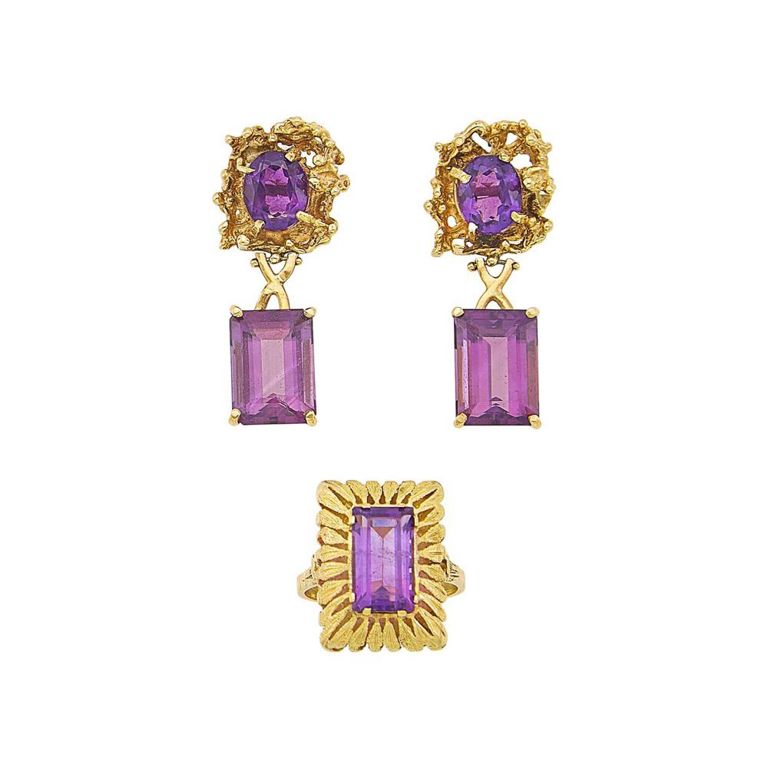 14k gold amethyst ring and pendant earrings