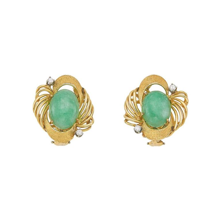 14k gold, jade and diamond earclips