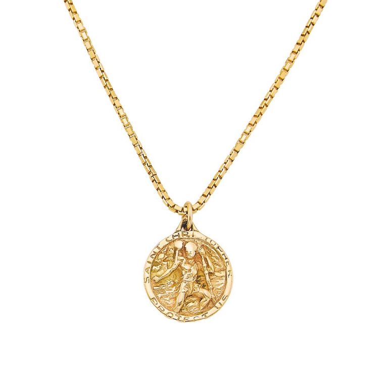 Gold Saint Christopher and Star of David pendant on long chain