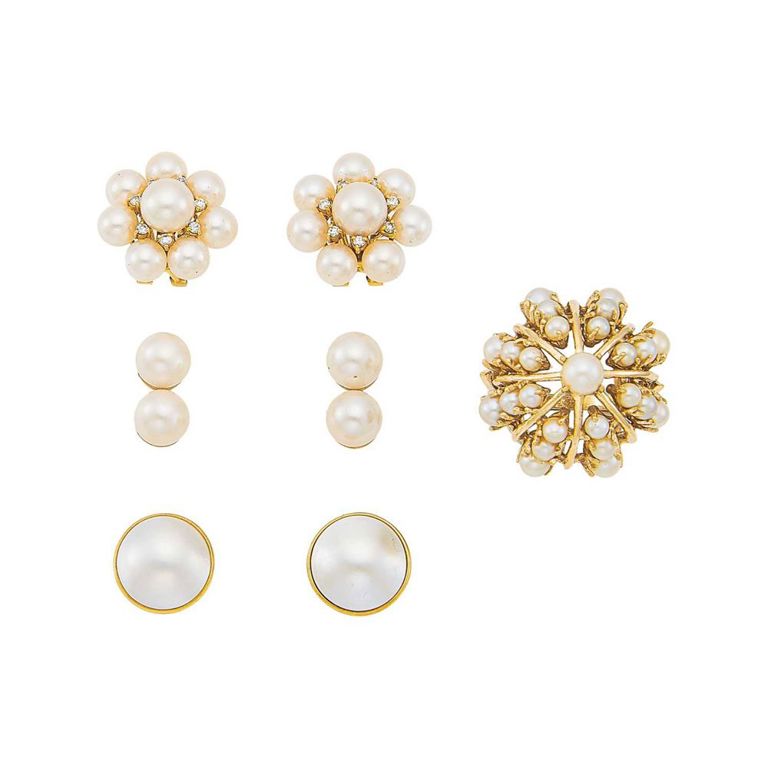 14k gold earclips and group of gold and cultured pearl jewelry