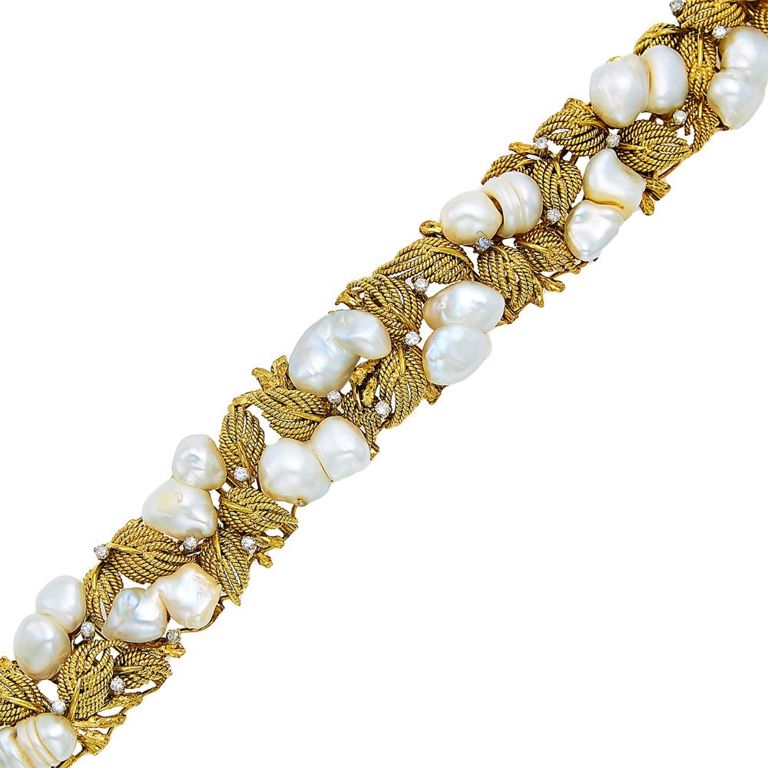 14k gold, baroque freshwater pearl and diamond bracelet