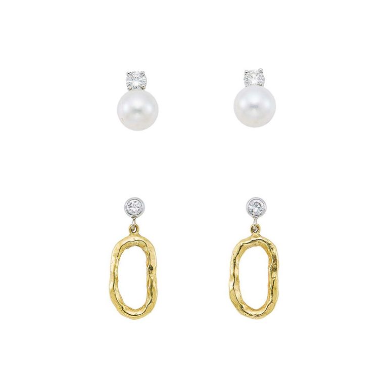 Pair of 14k yellow and white gold earrings with cultured pearl and diamond