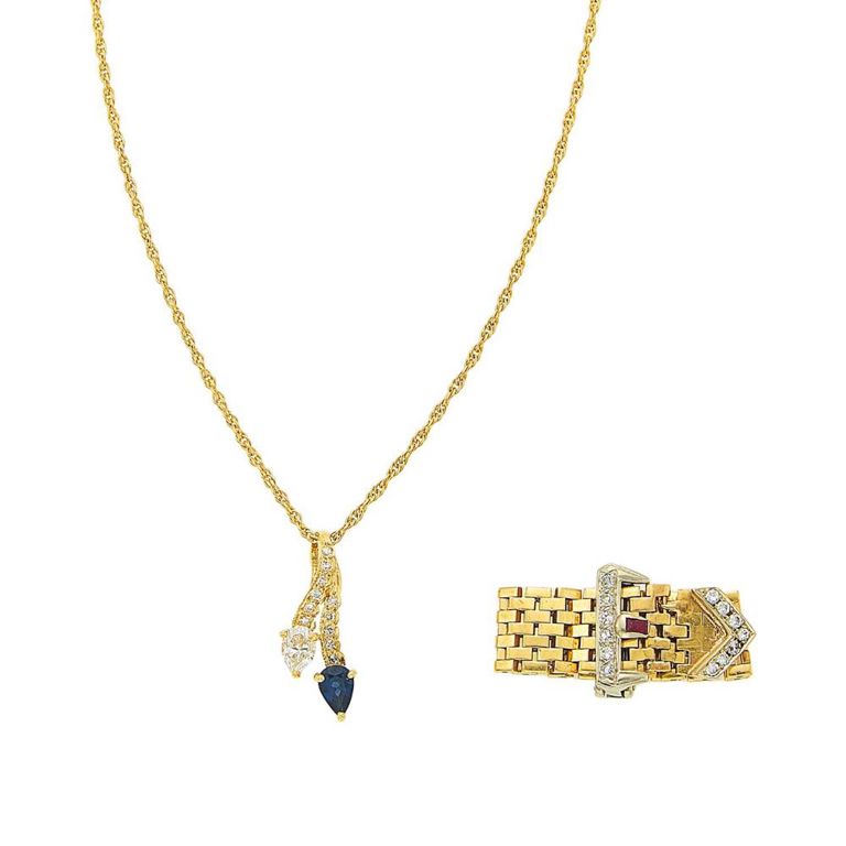 14k yellow and white gold buckle ring with diamond, ruby and sapphire pendant