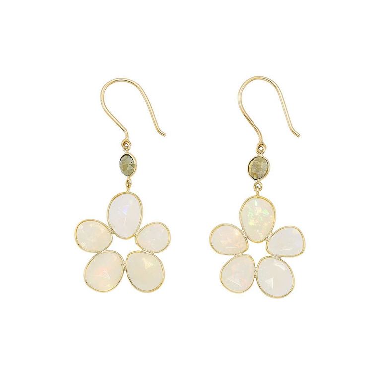 18k gold flower pendant-earrings with opal and colored diamond