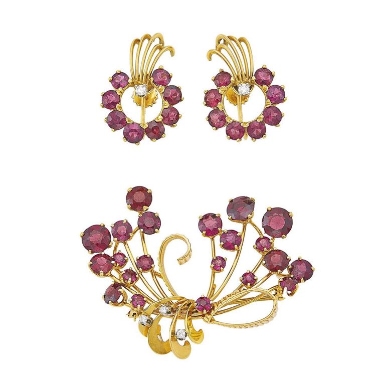 14k gold pendant-brooch and earclips with garnet and diamond