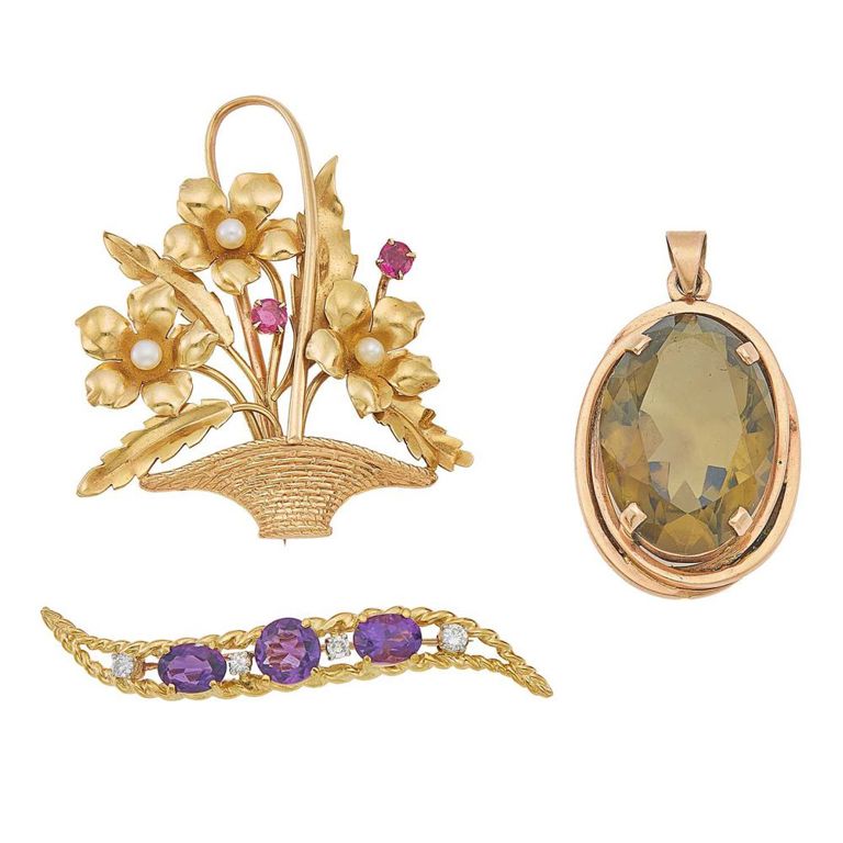 14k gold pins and rose gold pendant with amethyst, quartz, and pearl