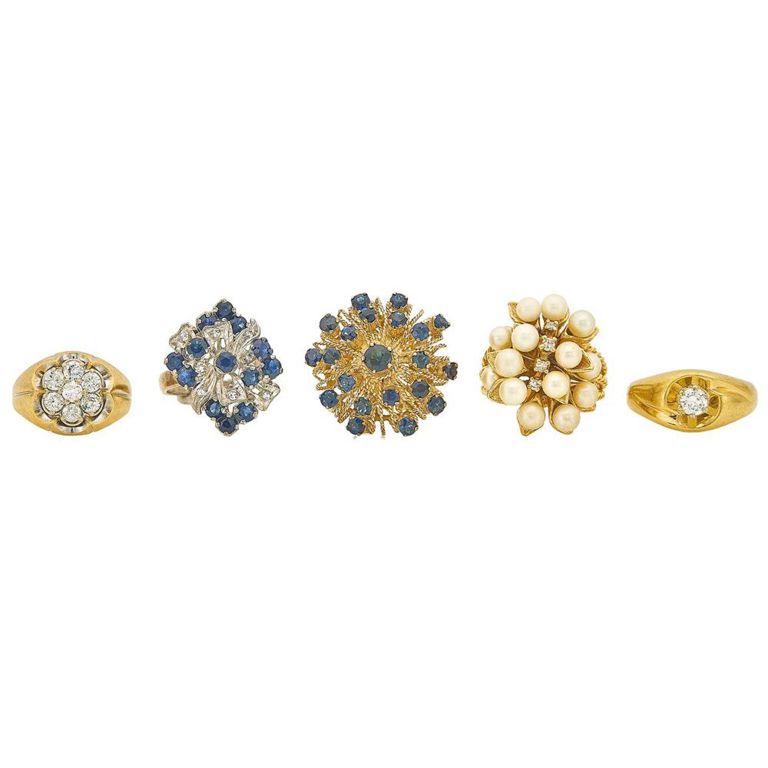 14k and 18k yellow and white gold rings with cultured pearl, diamond and sapphire