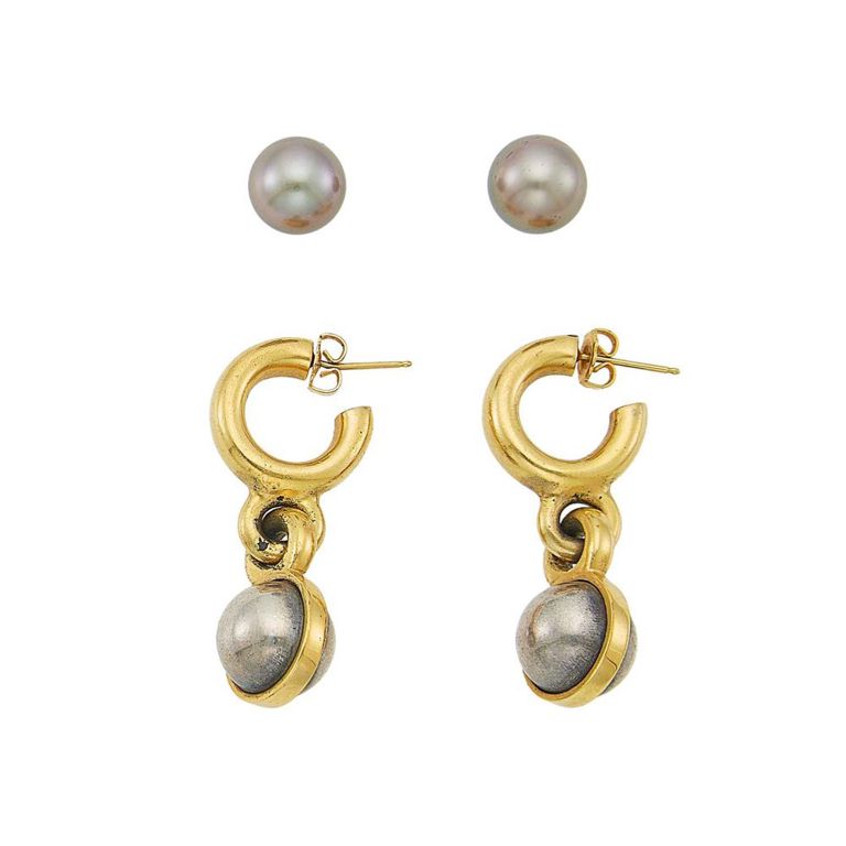 Silver-gilt pendant-earrings and Tahitian pearl stud earrings