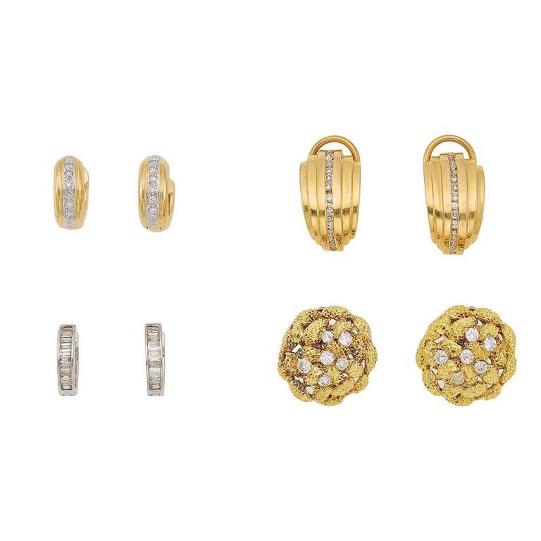 Four pairs of 14k gold and diamond earrings