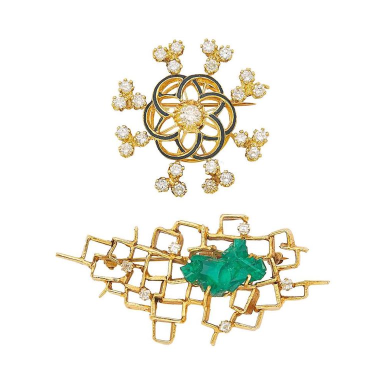 14k gold brooches with synthetic emerald, diamond and black enamel