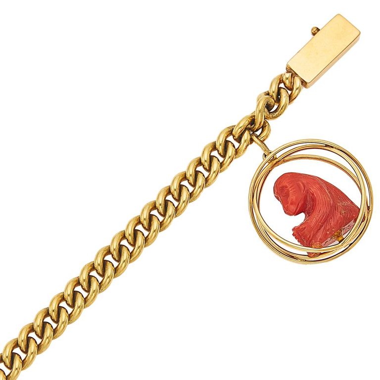 14k gold link bracelet with carved coral monkey charm