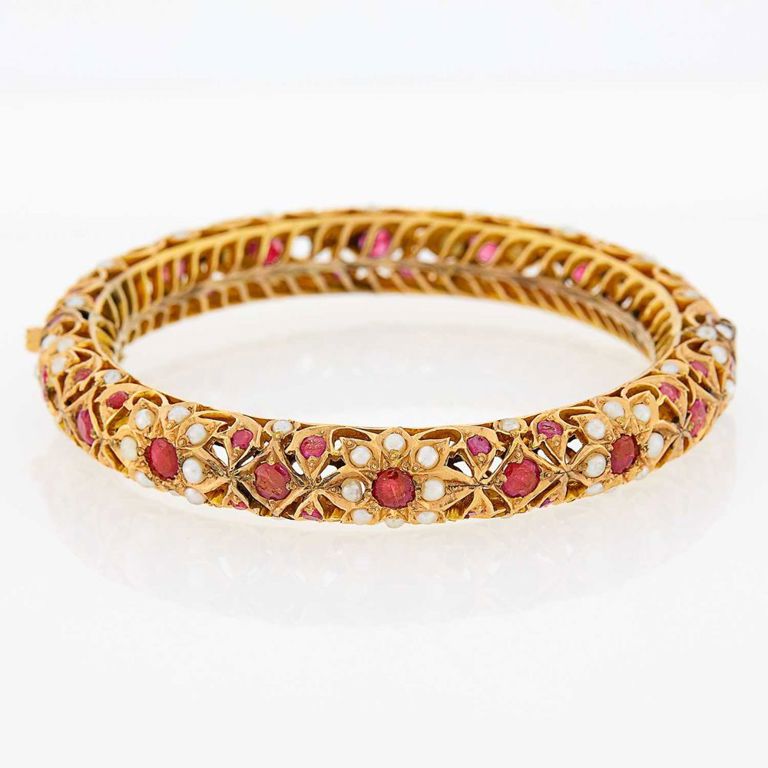 14k rose gold bangle bracelet with ruby and baroque pearl