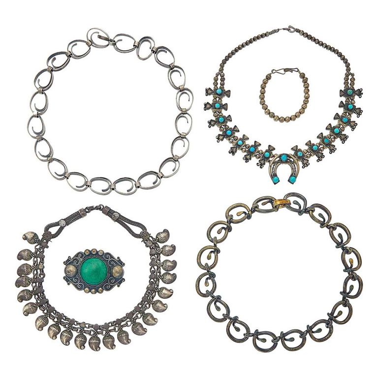 Silver necklaces with turquoise and nephrite brooch