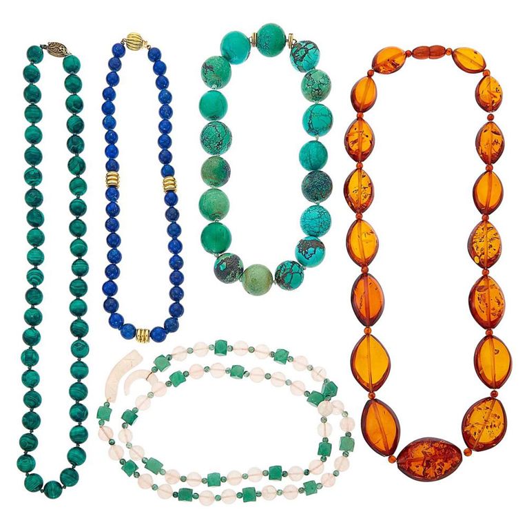 Five hardstone bead necklaces with gold and silver clasps