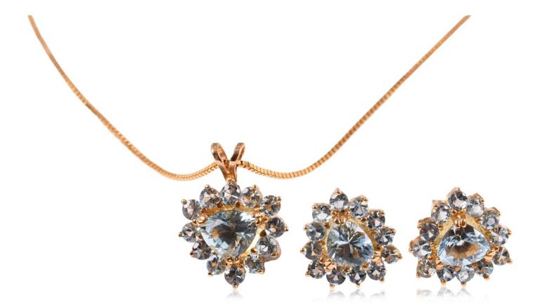 Suite of 14k yellow gold and aquamarine necklace and earrings