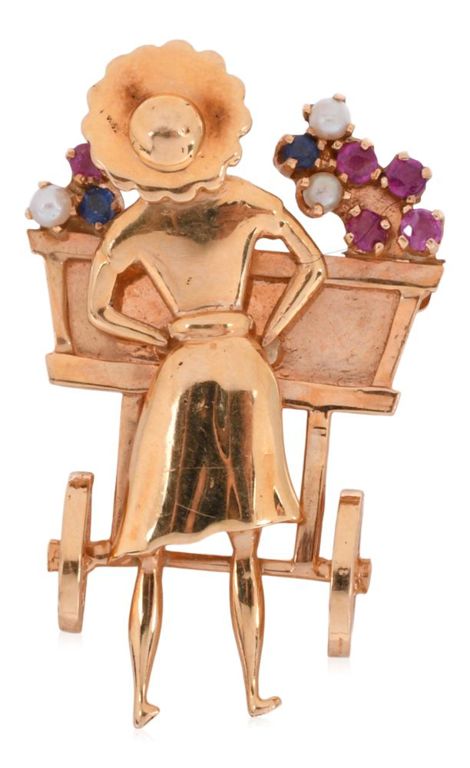 14k yellow gold ruby, sapphire and pearl brooch