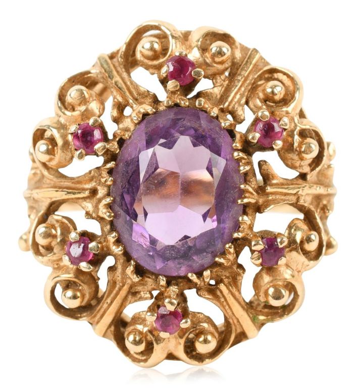 14k yellow gold amethyst and ruby ring
