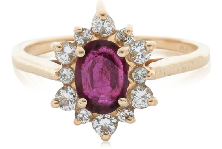 14k yellow gold ruby and diamond alternating halo ring