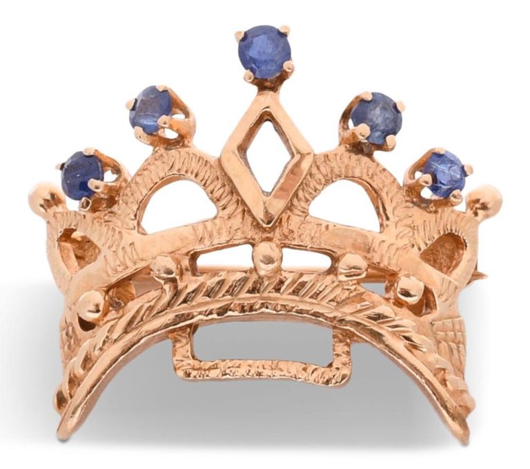 14k yellow gold crown and sapphire brooch