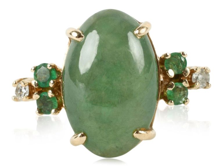 14k yellow gold ring with jade, emerald and diamond