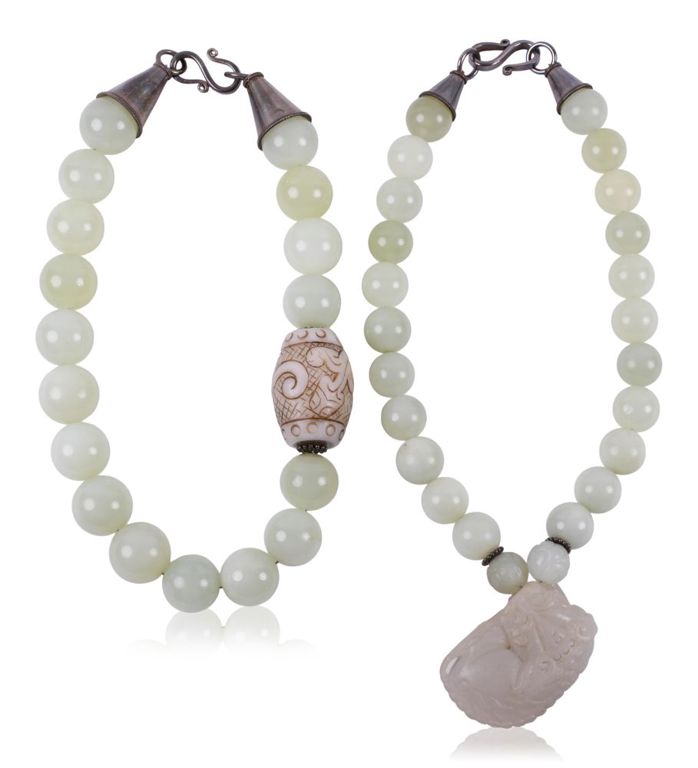 Pair of Bobbie Medlin pale jade bead necklaces