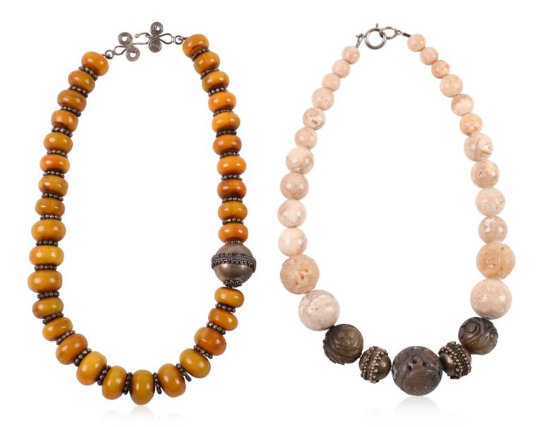 Pair of hard stone and metal bead necklaces