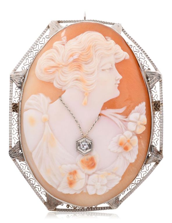 14k white gold and diamond cameo brooch