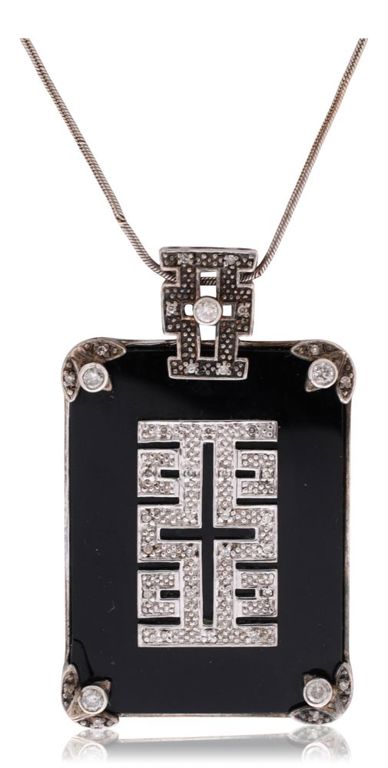 Art Deco style sterling silver onyx and diamond pendant on 14k white gold chain