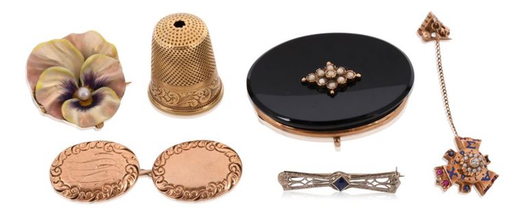 Group of 14k yellow gold pins and one thimble