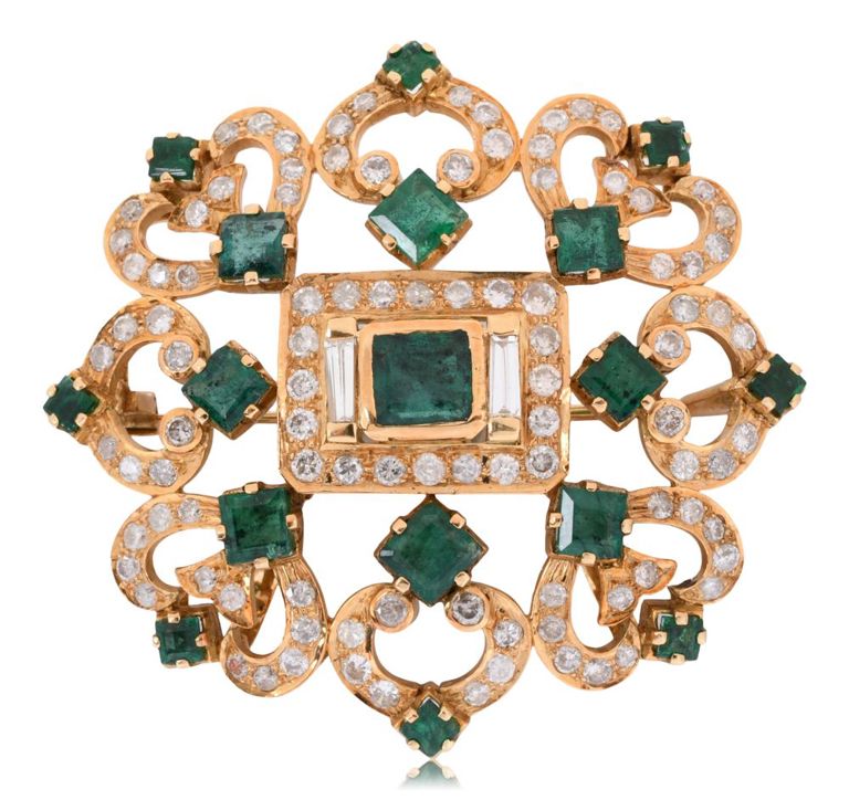 18k yellow gold emerald and diamond brooch